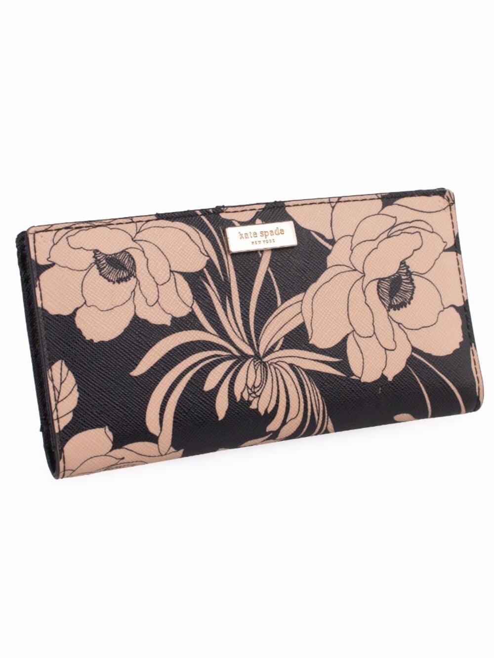 Kate Spade Laurel Way Gardenia Stacy Black Peach Floral Saffiano Leather Wallet